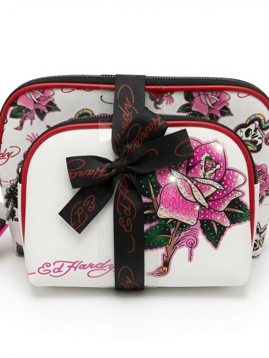Ed Hardy Handbags - Ed Hardy White & Pink Rose Cosmetic Pouch Set
